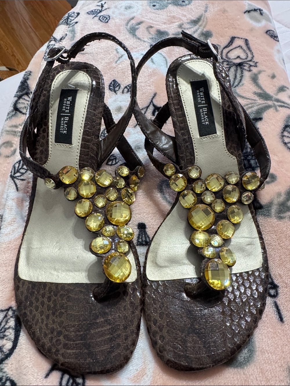 White House Black Market Brown Sandals with Yellow Jewel Accents